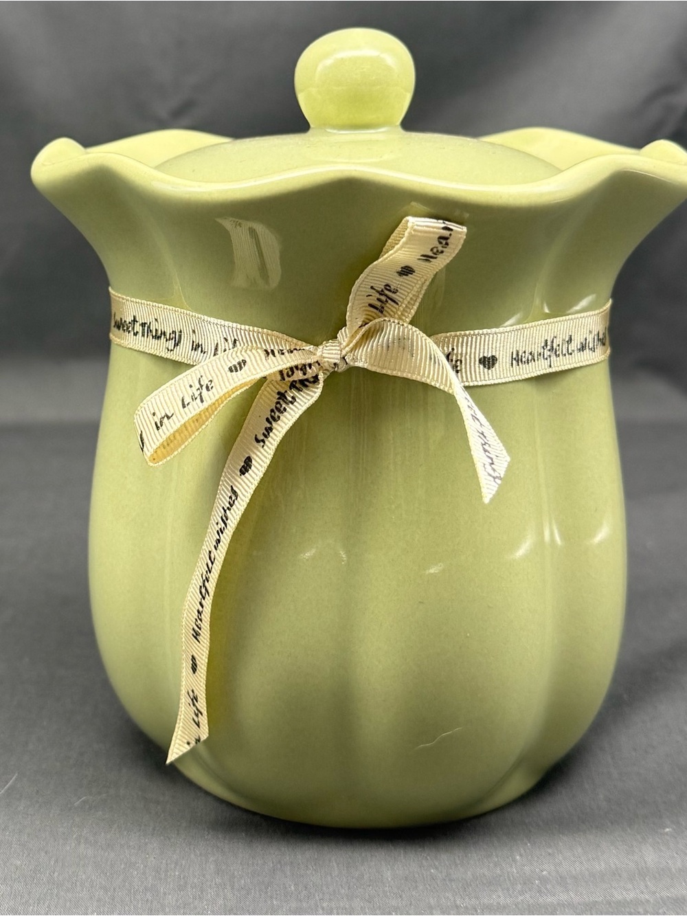 Green Ceramic Lidded Canister Candle with Ribbon